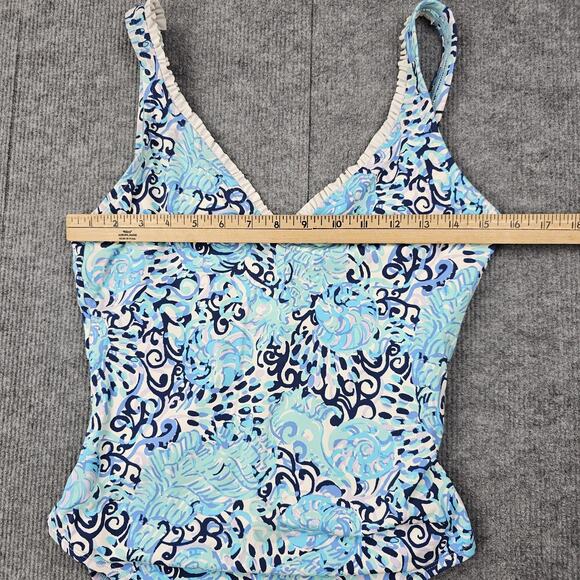 Lilly Pulitzer Araza Swimsuit Womens 10 Blue One Piece Ruffle Trim Ruched Floral - Picture 3 of 7